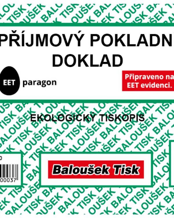 Příjmový pokl. doklad A6 Baloušek ET020 - nepropisující Nepropisující tiskopis. Je přizpůsoben pro EET evidenci. Vyrobeno z recyklovaného papíru