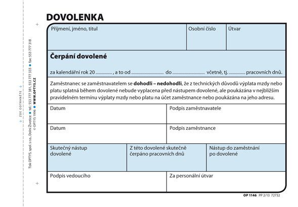 Dovolenka A6 OPT 1146 - nepropisující Dovolenka Optys