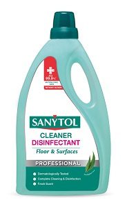 Sanytol Professional dezinfekce univerzální na podlahy a plochy 5l Trojí účinek: Baktericidní podle EN 13697 neředěný (5 min.) a podle EN 1276 25% roztok (5 min.). Fungicidní podle normy EN 13697 neředěný (15 min.) a podle EN 1650 25% roztok (15 min.). Virucidní podle EN 14476 25% roztok (5 min.) na virus chřipky A (H1N1) a Herpes simplex typ 1. Použití: