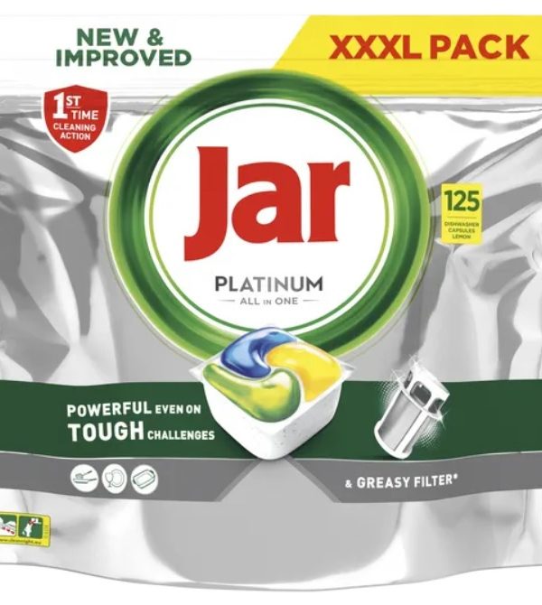 Tablety do myčky JAR Platinum 125ks Jar Platinum odstraňuje mastnotu a nejodolnější nečistoty již při prvním umývání
