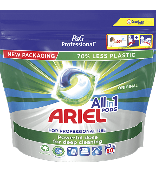 Kapsle na praní Ariel Profi color - 80 kapslí ARIEL All-in-1 Professional Kapsle na praní Regular 80 PD Kapsle na praní prádla Ariel Professional Allin1 Pods Regular mají vícekomorový design