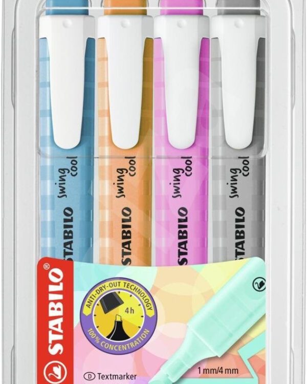 Zvýrazňovač Stabilo swing cool Pastel sada 4ks STABILO swing cool Pastel Edition je trendovou lahůdkou