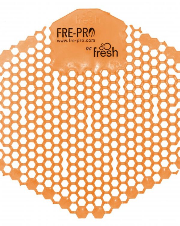 Vonné sítko do pisoáru Fre-Pro Mango/oranžové Oboustranné vonné gelové sítko do pisoáru Wave 3D je součástí řady originálních produktů FRE-PRO. Unikátní šestiúhelníkový tvar se speciálně řešenými otvory umožňuje náhled do odpadových cest