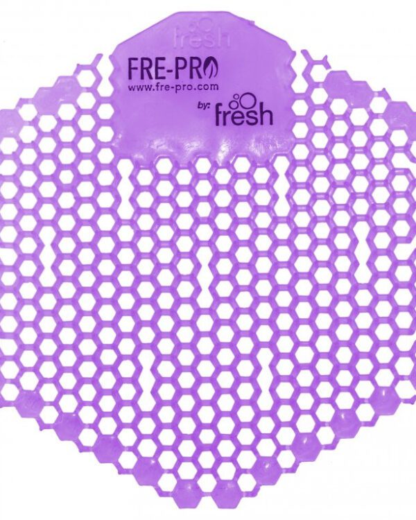 Vonné sítko do pisoáru Fre-Pro Lavender/fialové Oboustranné vonné gelové sítko do pisoáru Wave 3D je součástí řady originálních produktů FRE-PRO. Unikátní šestiúhelníkový tvar se speciálně řešenými otvory umožňuje náhled do odpadových cest