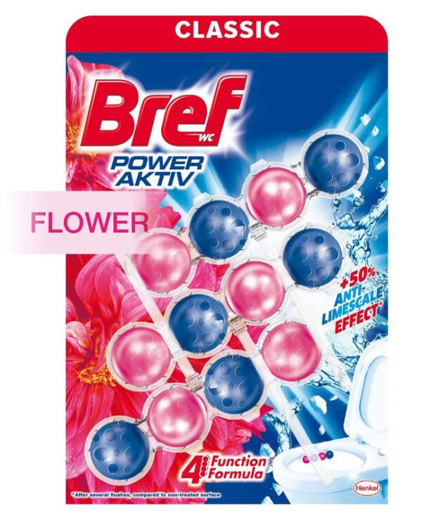 WC závěs BREF power activ kuličky 3ks/bal svěží květ Hygienicky čistá a svěží toaleta! Moderní WC blok v podobě čtyř kuliček s atraktivním designem a 4 funkcemi. Košíček je dostatečně dlouhý a pokrývá větší část WC mísy. Bref kuličky májí moderní a praktický design. Ve wc míse vytváří lesk a bělost. Hodí se i do atypických