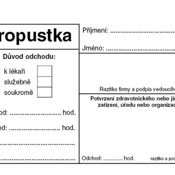 Propustky Baloušek A7 ET077 - nepropisující Propustka A7 ET077 nečíslovaná nepropisovací. K uvolnění k lékaři