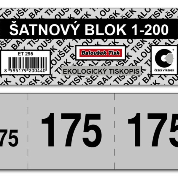 Šatnové bloky 1-200 - nepropisující Šatnové bloky s číselnou řadou 1 - 200. Obsahuje 200 listů - 3 útržky jednoho čísla na jednom listu odtržitelné perforací. 