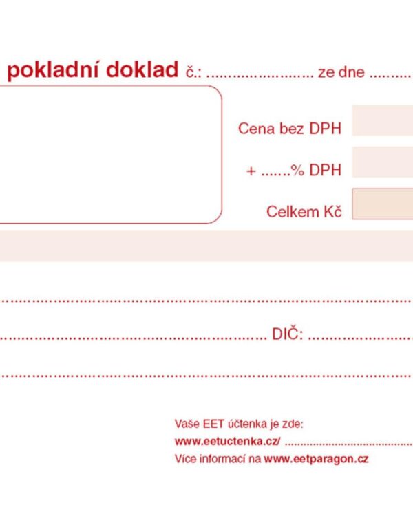 Příjmový pokl. doklad Baloušek NCR PT020 - propisující Přímopropisující tiskopis  formátu A6 je přizpůsoben pro EET evidenci (elektronická evidence tržeb). Vnitřní listy s červeným tiskem pro snadné čtení a přehlednou evidenci. Lepený blok zajišťuje pohodlné používání a stabilitu při vypisování. Samopropisovací technologie NCR umožňuje vyhotovení více kopií najednou bez použití kopírovacího papíru. Nečíslovaný tiskopis splňuje požadavky pro evidenci pokladních příjmů. Praktické řešení pro obchody