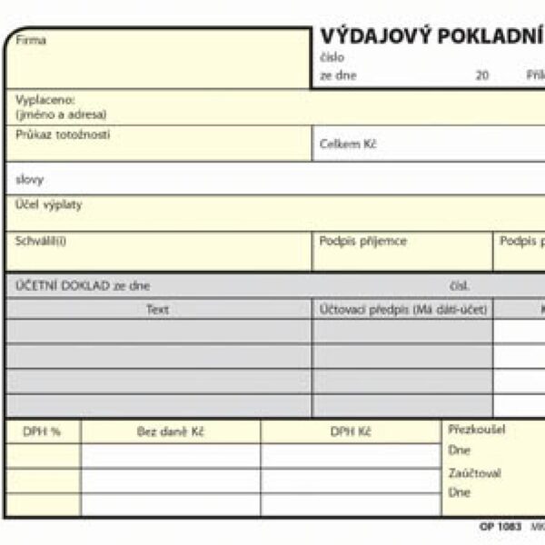 Výdajový pokladní doklad A6 NCR OPT 83 - propisující Výdajový pokladní doklad A6 OPT 83 samopropisovací nečíslovaný pro jednoduché účetnictví. Pokladní doklad slouží k zachycení pohybu peněžní hotovosti v pokladně