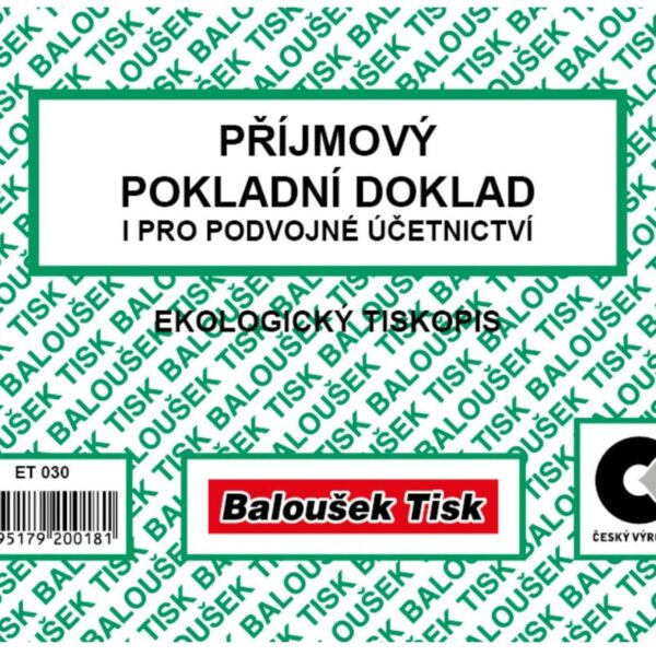 Příjmový pokl. doklad A6 Baloušek ET030 pro podvoj. účetnictví - nepropisující Příjmový pokladní doklad A6 Baloušek ET030 nepropisovací pro podvojné účetnictví. Pokladní doklad slouží k zachycení pohybu peněžní hotovosti v pokladně