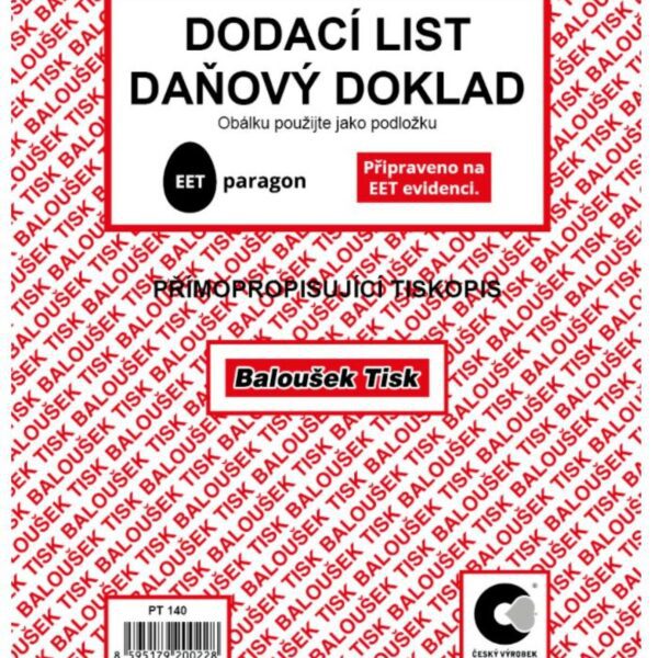 Dodací listy A5 Baloušek NCR PT 140 - propisující Dodací listy A5 NCR PT 140 nečíslovaný samopropisující. Lepený blok. Přizpůsobeno pro EET.