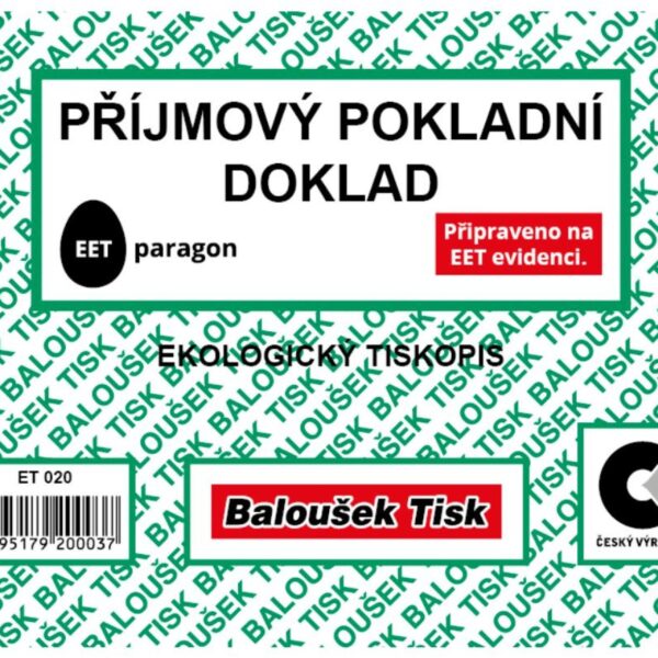 Příjmový pokl. doklad A6 Baloušek ET020 - nepropisující Příjmový pokladní doklad A6 Baloušek ET020 nepropisovací. Pokladní doklad slouží k zachycení pohybu peněžní hotovosti v pokladně