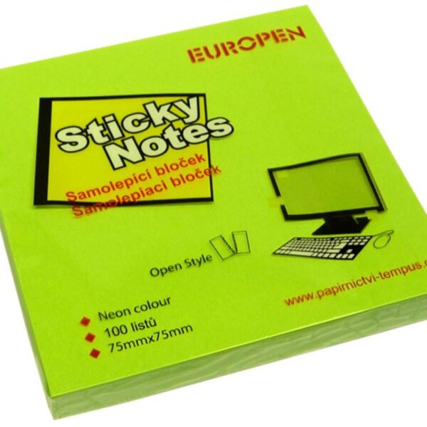 Lepicí blok Y 75x75/100l neon zelená Samolepicí bloček Y ve výrazné neonové zelené barvě. Vhodné pro zanechání vzkazů a připomínek. 