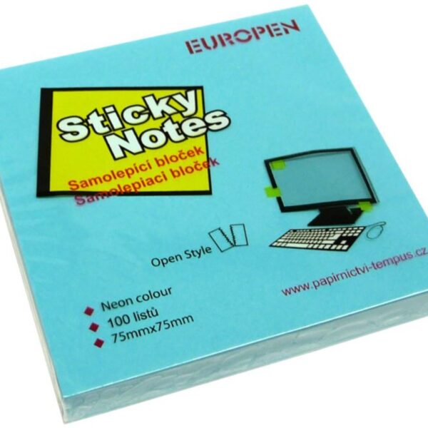 Lepicí blok Y 75x75/100l neon modrá Samolepicí bloček Y ve výrazné neonové modré barvě. Vhodné pro zanechání vzkazů a připomínek. 