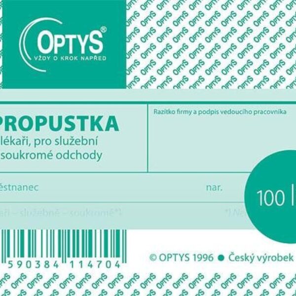 Propustky A7 OPT 1147 - nepropisující Propustka A7 OPT 1147 nečíslovaná nepropisovací. K uvolnění k lékaři
