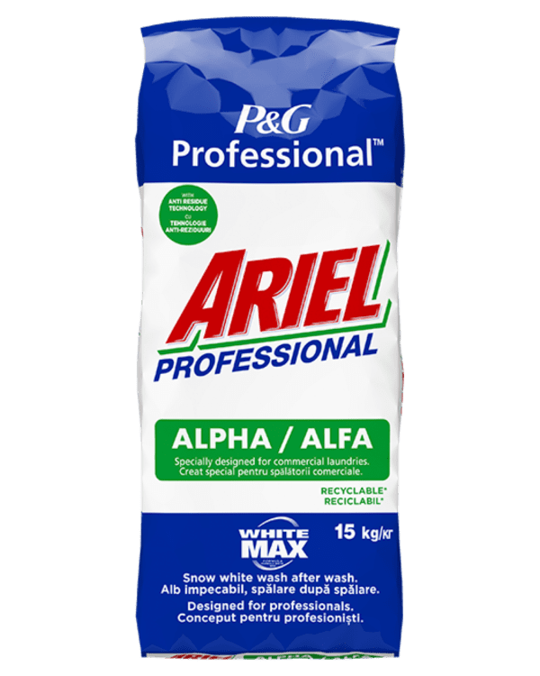Prášek na praní Ariel Proffessional ALFA 15kg Univerzální enzymatickýpráškový prací prostředek Ariel účinně odstraňuje běžná zašpinění. Je určený především do profesionálních prádelenských provozů. Nové složení pracího prostředku na bílé prádlo Ariel Alfa bylo vylepšeno tak