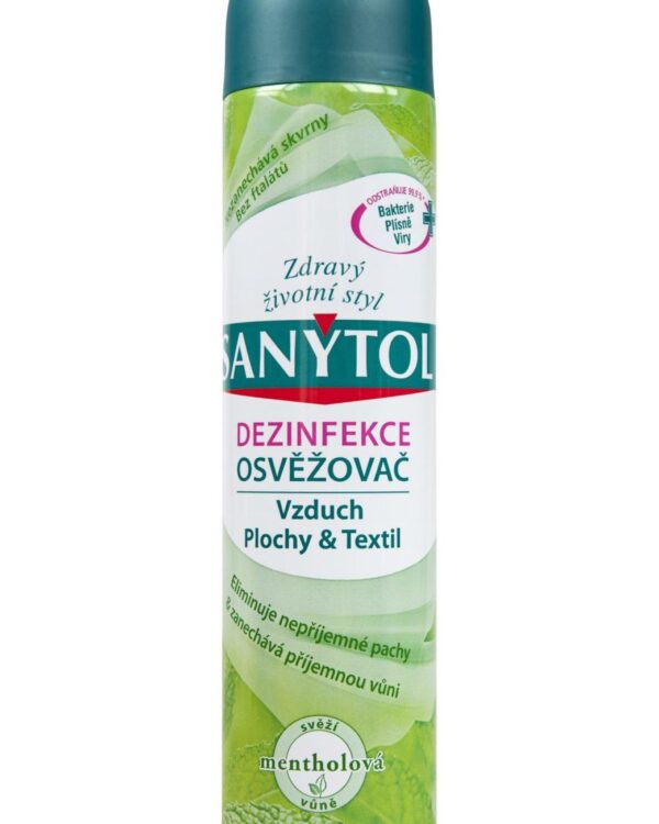 Sanytol osvěžovač vzduchu 300ml mentol Dezinfekční osvěžovač vzduchu SANYTOL pro dokonalou hygienu pracovního prostředí a příjemnou svěží vůni. Neutralizuje pachy a zabíjí 99