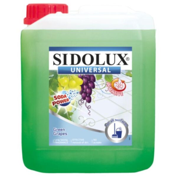 Sidolux Soda Power universal čistič 5l Zelené hrozny /zelený SIDOLUX UNIVERSAL je čisticí prostředek vhodný na všechny omyvatelné povrchy. Velmi efektivně emulguje nečistoty díky systému Soda Power a snadněji je díky tomu odstraňuje z mytého povrchu. S prostředkem SIDOLUX UNIVERSAL je úklid snadný a příjemný díky vyjímečným vůním