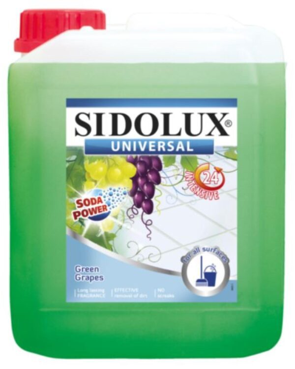 Sidolux Soda Power universal čistič 5l Zelené hrozny /zelený SIDOLUX UNIVERSAL je čisticí prostředek vhodný na všechny omyvatelné povrchy. Velmi efektivně emulguje nečistoty díky systému Soda Power a snadněji je díky tomu odstraňuje z mytého povrchu. S prostředkem SIDOLUX UNIVERSAL je úklid snadný a příjemný díky vyjímečným vůním