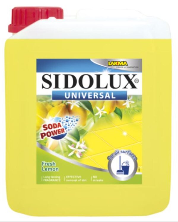 Sidolux Soda Power universal čistič 5l Svěží citrón/žlutý SIDOLUX UNIVERSAL je čisticí prostředek vhodný na všechny omyvatelné povrchy. Velmi efektivně emulguje nečistoty díky systému Soda Power a snadněji je díky tomu odstraňuje z mytého povrchu. S prostředkem SIDOLUX UNIVERSAL je úklid snadný a příjemný díky vyjímečným vůním