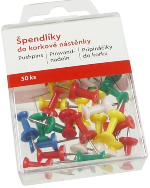 Špendlíky na korkovou nástěnku barevné 30ks Špendlíky s plastovou hlavou EUROPEN pro korkové nástěnky. 