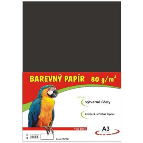 Papír barevný Color A3/80 černý 100ks Formát A3 (420 x 297 mm). 100 listů v balení. Plošná hmotnost 80g/m2. Barva černá.