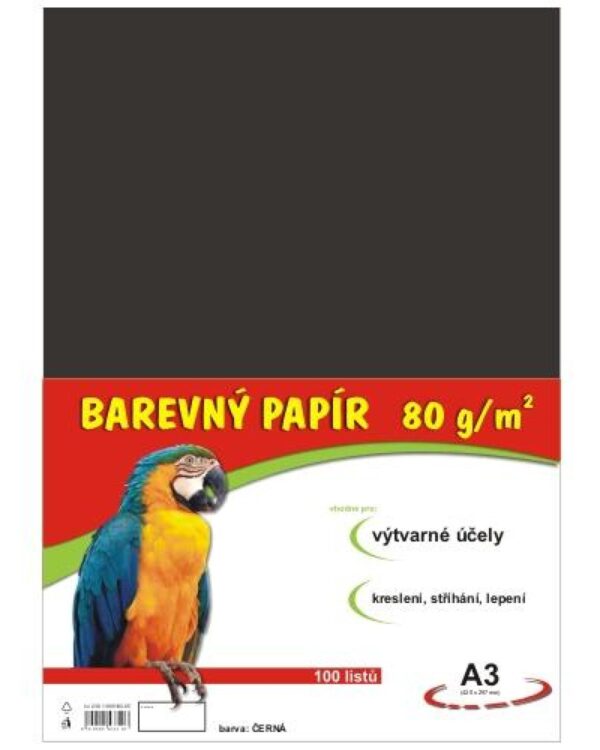 Papír barevný Color A3/80 černý 100ks Formát A3 (420 x 297 mm). 100 listů v balení. Plošná hmotnost 80g/m2. Barva černá.