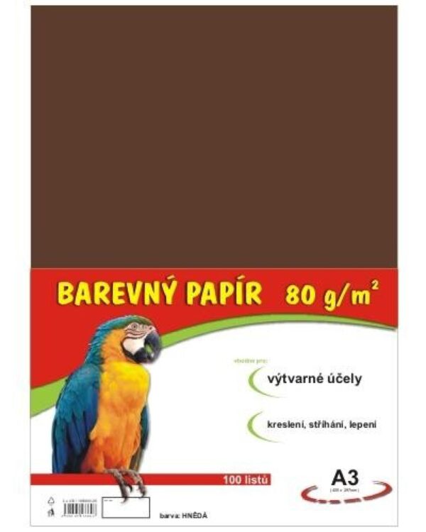 Papír barevný Color A3/80 hnědý 100ks Formát A3 (420 x 297 mm). 100 listů v balení. Plošná hmotnost 80g/m2. Barva černá.