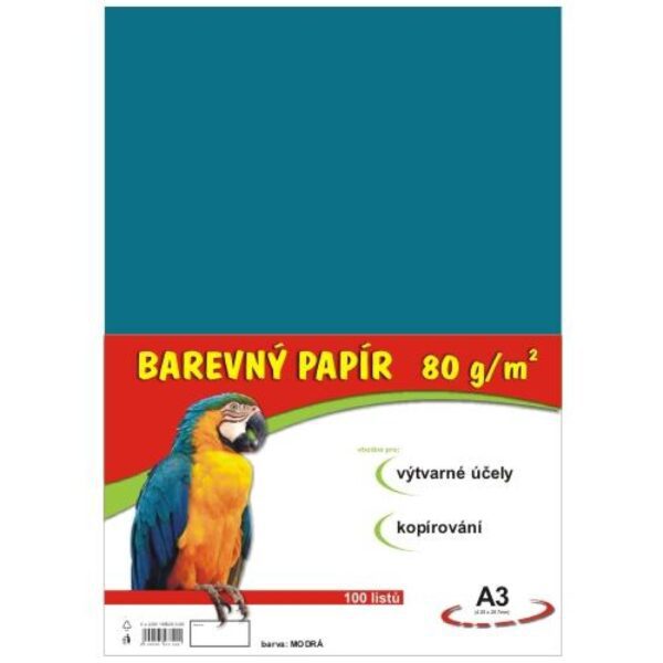 Papír barevný Color A3/80 světle modrý 100ks Formát A3 (420 x 297 mm). 100 listů v balení. Plošná hmotnost 80g/m2. Barva černá.