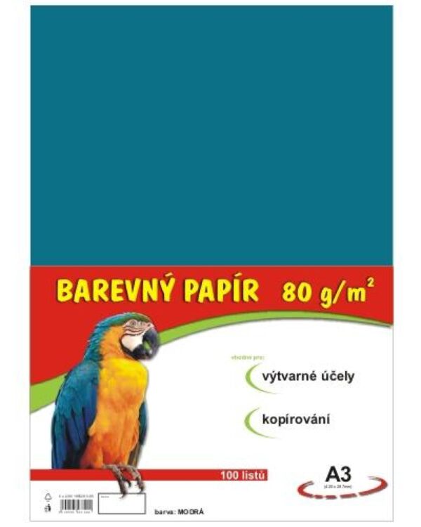 Papír barevný Color A3/80 světle modrý 100ks Formát A3 (420 x 297 mm). 100 listů v balení. Plošná hmotnost 80g/m2. Barva černá.