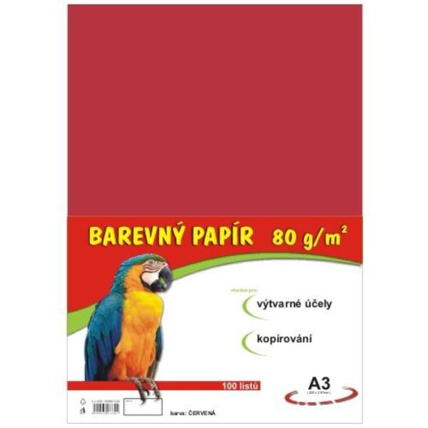 Papír barevný Color A3/80 červený 100ks Formát A3 (420 x 297 mm). 100 listů v balení. Plošná hmotnost 80g/m2. Barva černá.
