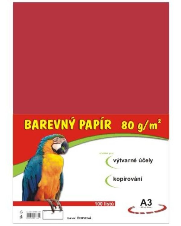 Papír barevný Color A3/80 červený 100ks Formát A3 (420 x 297 mm). 100 listů v balení. Plošná hmotnost 80g/m2. Barva černá.