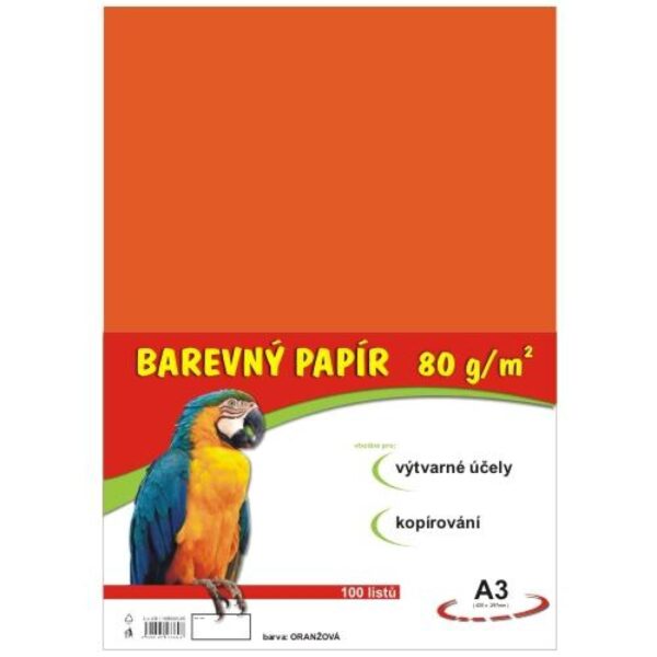 Papír barevný Color A3/80 oranžový 100ks Formát A3 (420 x 297 mm). 100 listů v balení. Plošná hmotnost 80g/m2. Barva černá.