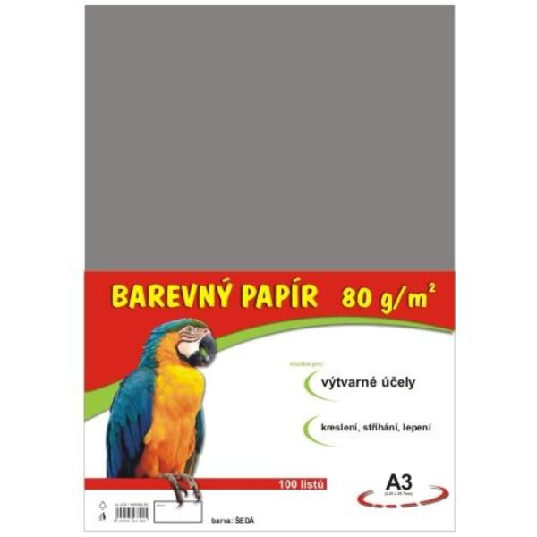 Papír barevný Color A3/80 šedý 100ks Formát A3 (420 x 297 mm). 100 listů v balení. Plošná hmotnost 80g/m2. Barva černá.