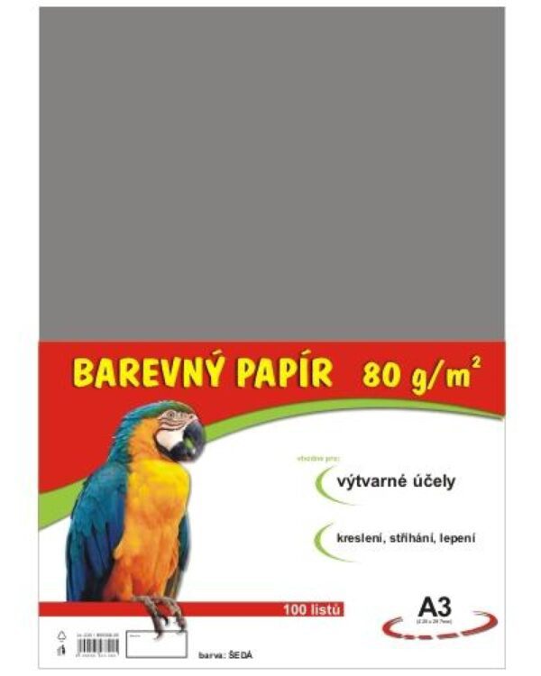 Papír barevný Color A3/80 šedý 100ks Formát A3 (420 x 297 mm). 100 listů v balení. Plošná hmotnost 80g/m2. Barva černá.