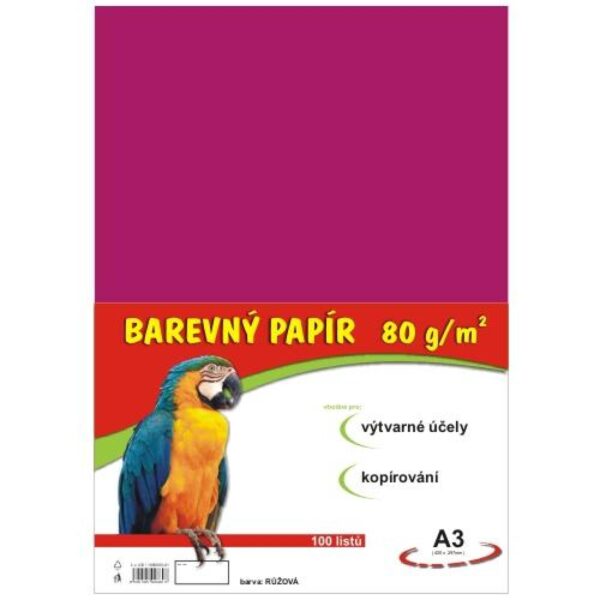 Papír barevný Color A3/80 růžový 100ks Formát A3 (420 x 297 mm). 100 listů v balení. Plošná hmotnost 80g/m2. Barva černá.
