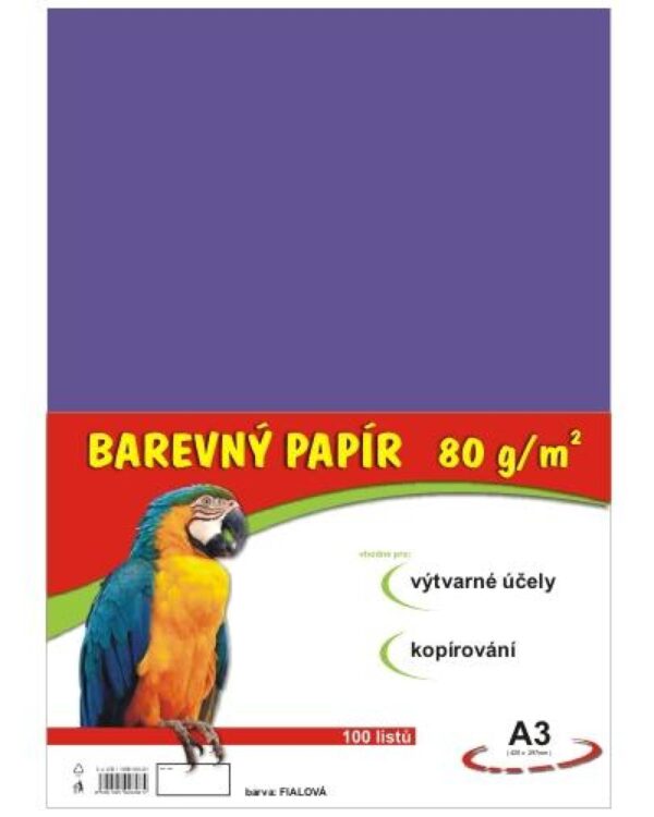 Papír barevný Color A3/80 fialový 100ks Formát A3 (420 x 297 mm). 100 listů v balení. Plošná hmotnost 80g/m2. Barva černá.