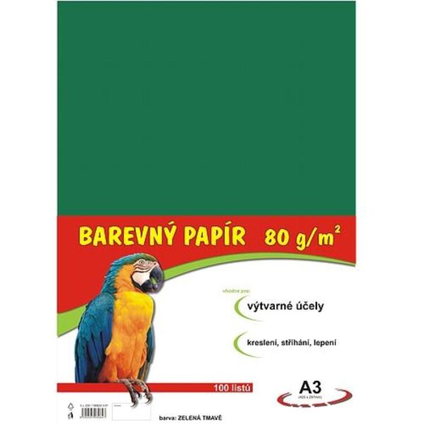 Papír barevný Color A3/80 tmavě zelený 100ks Formát A3 (420 x 297 mm). 100 listů v balení. Plošná hmotnost 80g/m2. Barva černá.