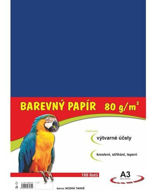 Papír barevný Color A3/80 tmavě modrý 100ks Formát A3 (420 x 297 mm). 100 listů v balení. Plošná hmotnost 80g/m2. Barva černá.