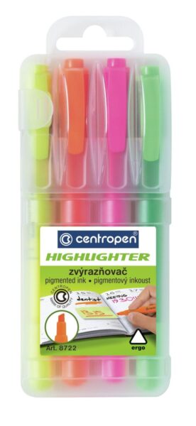 Zvýrazňovač Centropen 8722/4ks Zvýrazňovač Centropen 8722/4ks Centropen 8722 HIGHLIGHTER je celofluorescenční Zvýrazňovač. Je vybaven ERGO držením.Obsahuje fluorescenční pigmentový inkoust. Je určen na všechny druhy papíru a je osazen klínovým hrotem.