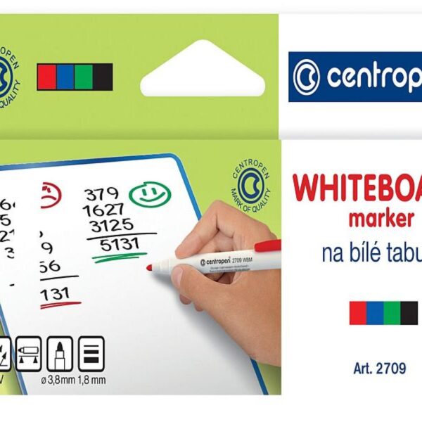 Značkovač Centropen 2709/4ks stíratelný Centropen 2709 Stíratelný  je značkovač na bílé tabule s válcovým hrotem. Zdravotně nezávadný a vyžaduje skladování ve vodorovné poloze. Je stíratelný za sucha.