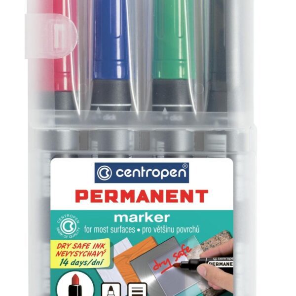 Značkovač Centropen 8510/4ks nevysychací Centropen 8510 nevysychavý permanent je permanetní popisovač na většinu povrchů s válcovým hrotem. Inkoust na alkoholové bázi v barvách červená