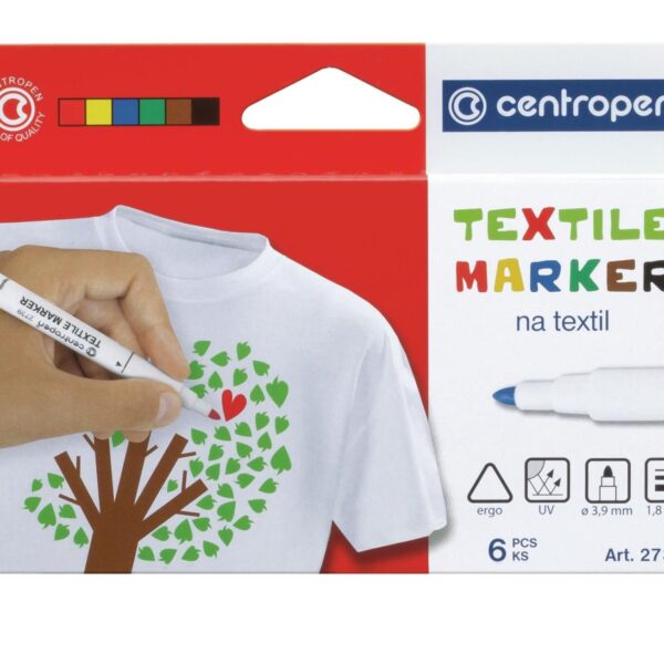 Popisovač Centropen 2739/6ks mix barev na textil nevypratelný Centropen TEXTILE 2739 je speciální značkovač na textilie. Je opatřen ventilačním chránítkem v případě vdechnutía je zdravotně nezávadný a nevypratelný. 