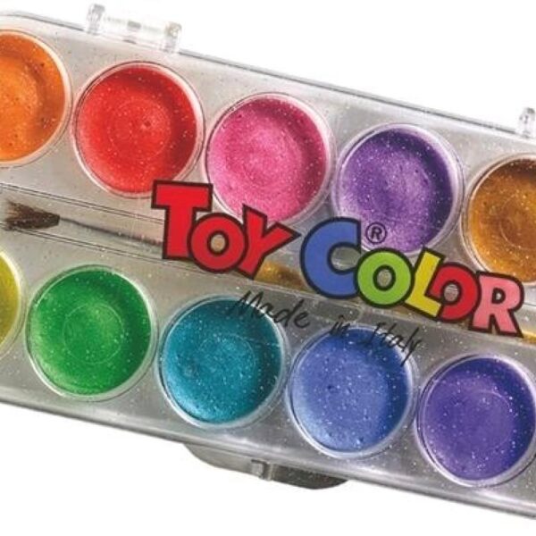 Barvy vodové Toy color 30mm/12 barev perleťové Netoxické vodové barvy vysoké kvality s průhledným plastovým obalem a přiloženým štětcem. Barvy mají perleťový odstín.