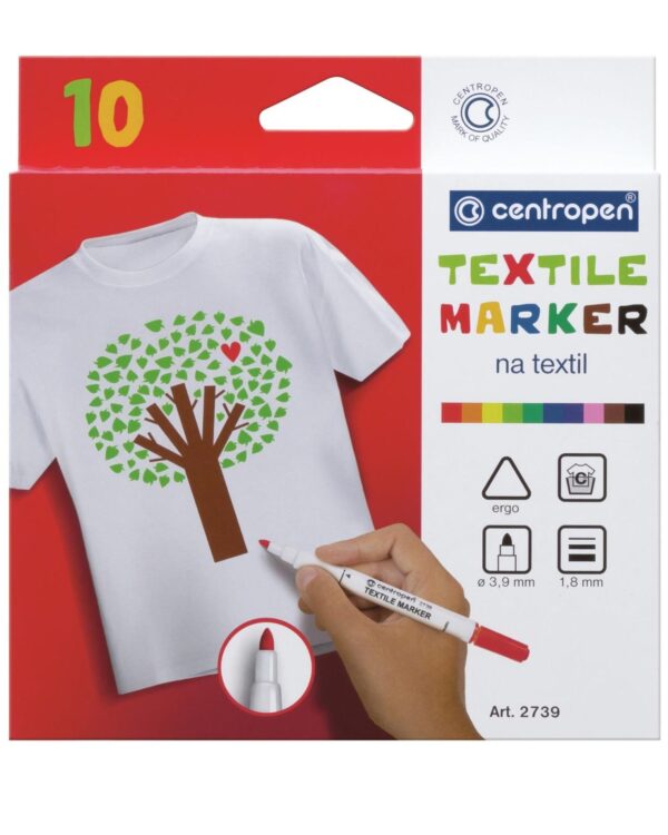 Popisovač Centropen 2739/10ks mix barev na textil nevypratelný Centropen TEXTILE 2739 je speciální značkovač na textilie. Je opatřen ventilačním chránítkem v případě vdechnutía je zdravotně nezávadný a nevypratelný. 