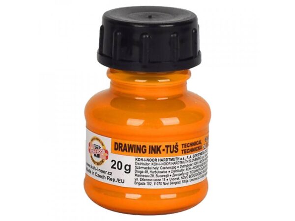 Tuš barevná 20g fluorescenční oranžová Tuš barevná 20g fluorescenční oranžová Barevná fluorescenční tuš určená pro hobby malování. Tuše nejsou vhodné do technických per. Výrobek je vhodný ke kreslení na pauzovacím a rýsovacím papíře.