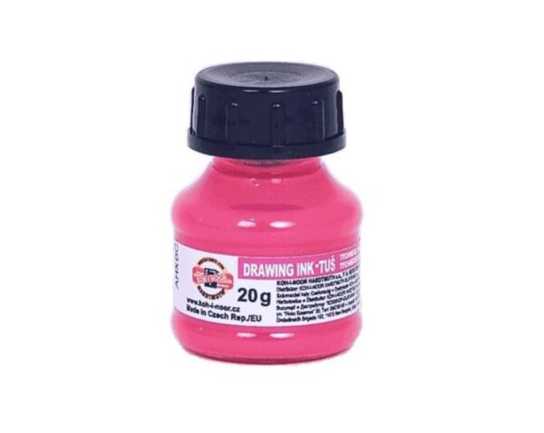 Tuš barevná 20g fluorescenční růžová Tuš barevná 20g fluorescenční růžová Barevná fluorescenční tuš určená pro hobby malování. Tuše nejsou vhodné do technických per. Výrobek je vhodný ke kreslení na pauzovacím a rýsovacím papíře.