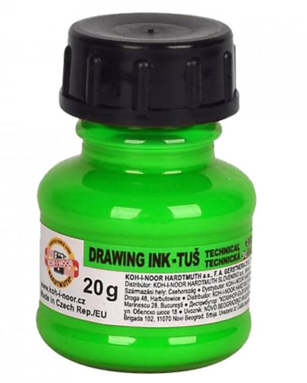 Tuš barevná 20g fluorescenční zelená Barevná fluorescenční tuš určená pro hobby malování. Tuše nejsou vhodné do technických per. Výrobek je vhodný ke kreslení na pauzovacím a rýsovacím papíře.