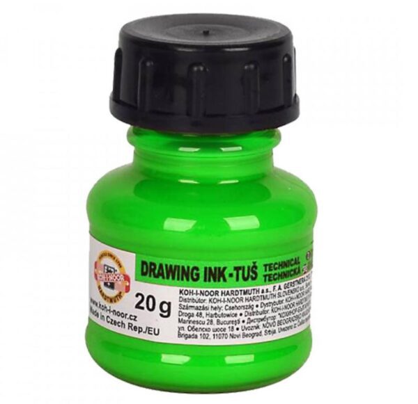 Tuš barevná 20g fluorescenční zelená Tuš barevná 20g fluorescenční zelená Barevná fluorescenční tuš určená pro hobby malování. Tuše nejsou vhodné do technických per. Výrobek je vhodný ke kreslení na pauzovacím a rýsovacím papíře.