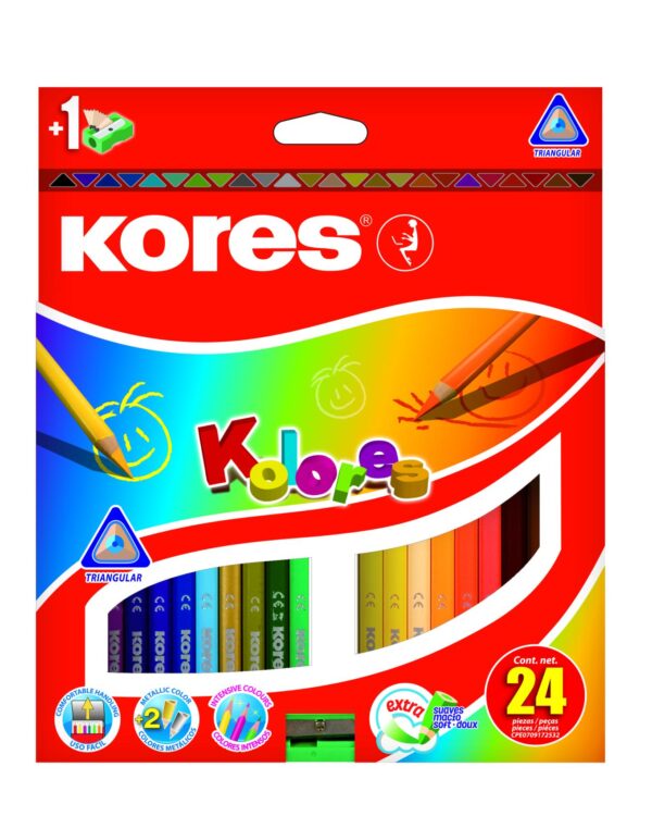 Pastelky KORES KOLORES JUMBO trojhranné s ořezávátkem 24ks Pastelky v jumbo velikosti (tuha průměr 5 mm) mají trojhranný ergonomický tvar.